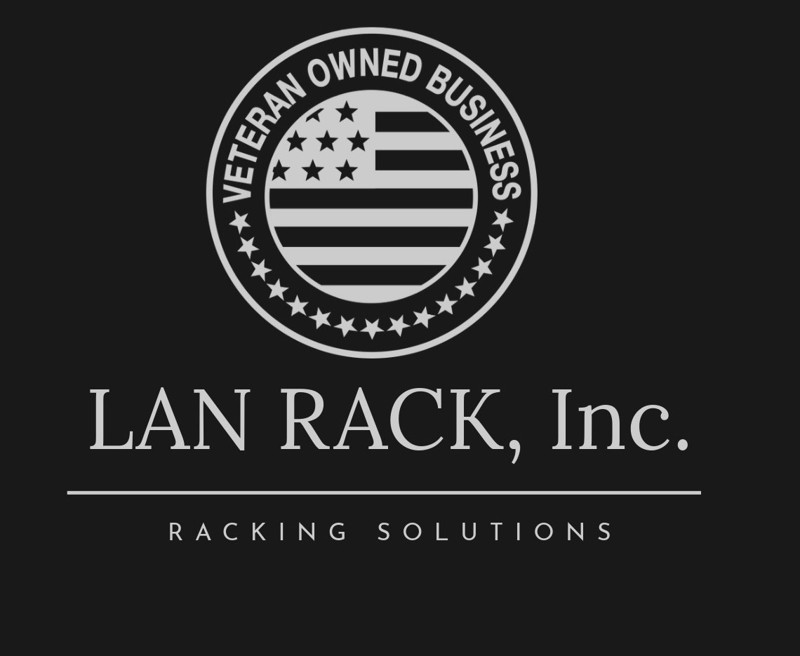 LAN RACK, Inc. — Racking Solutions. Veteran Owned Business emblem with stars and an American flag.